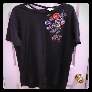 Black Floral Embroidered Short Sleeve, Neck Cutout